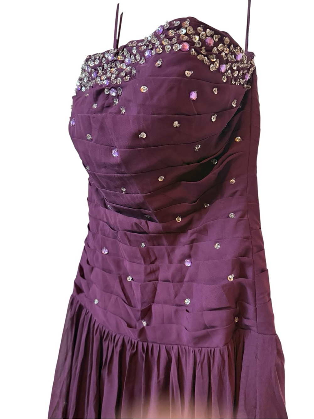 Strapless Beaded Plum Evening Train Maxi Gown
